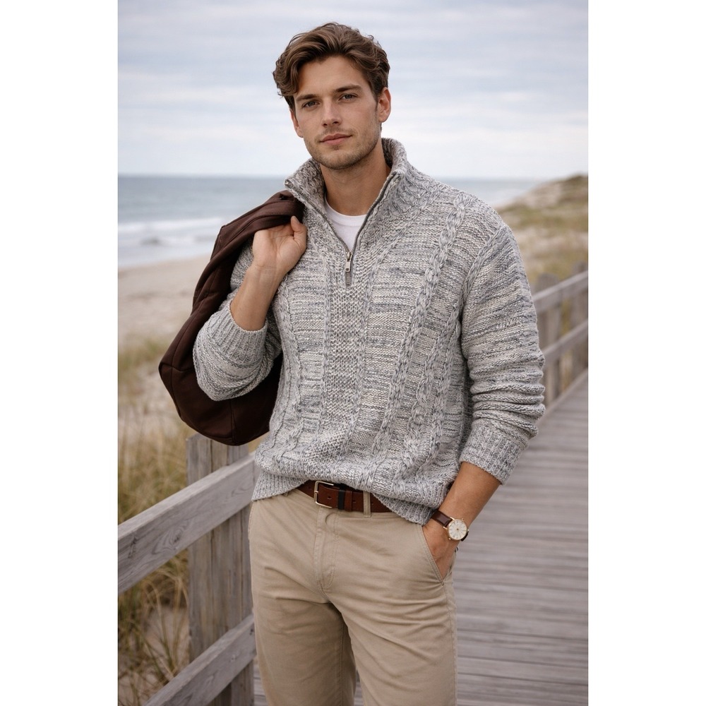J.B. Holt Men Gray Sweater  Med Cotton Wool Blend Heritage Chunky Knit Fisherman